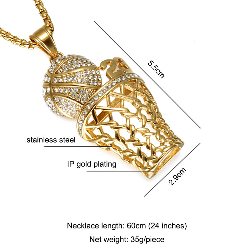 Hip Hop 18k Gold Full Simulated Diamond 316L Stainless Steel Basketball Chain Pendant