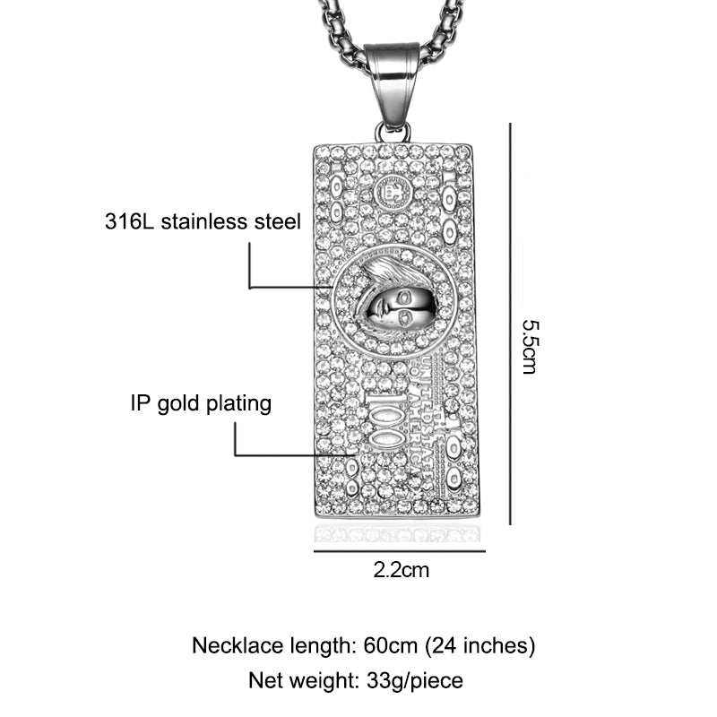 Laughing To The Bank | Flooded Ice Stainless Steel 100 Dollars Money Chain Pendant