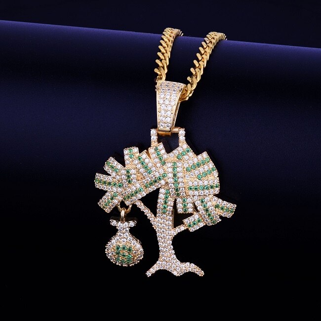 18k Gold .925 Silver Mens Iced AAA True Micro Pave Money Tree Hip Hop Chain Pendant