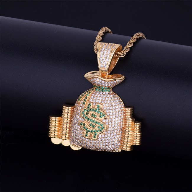 18k Gold Silver Money Bag Stack Cash Coins AAA True Micro Pave Hip Hop Chain Pendant