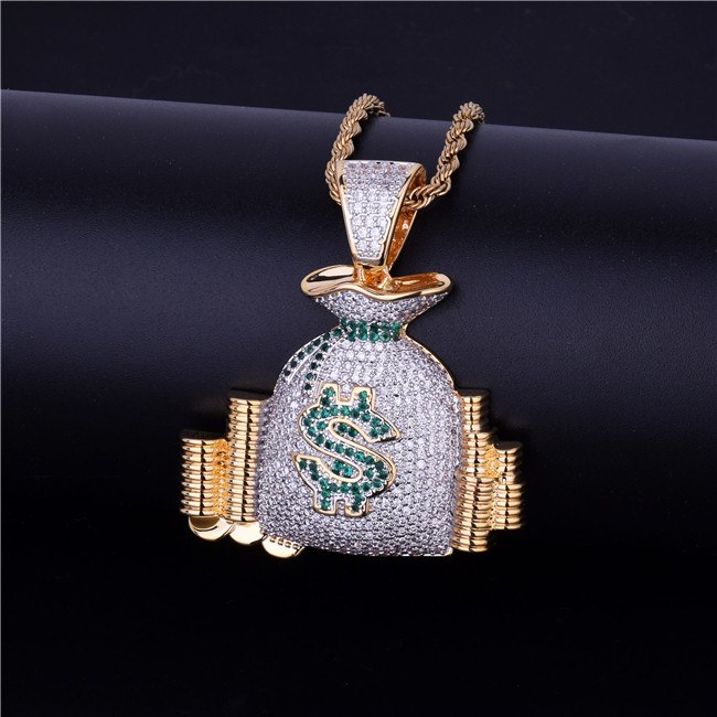 18k Gold Silver Money Bag Stack Cash Coins AAA True Micro Pave Hip Hop Chain Pendant