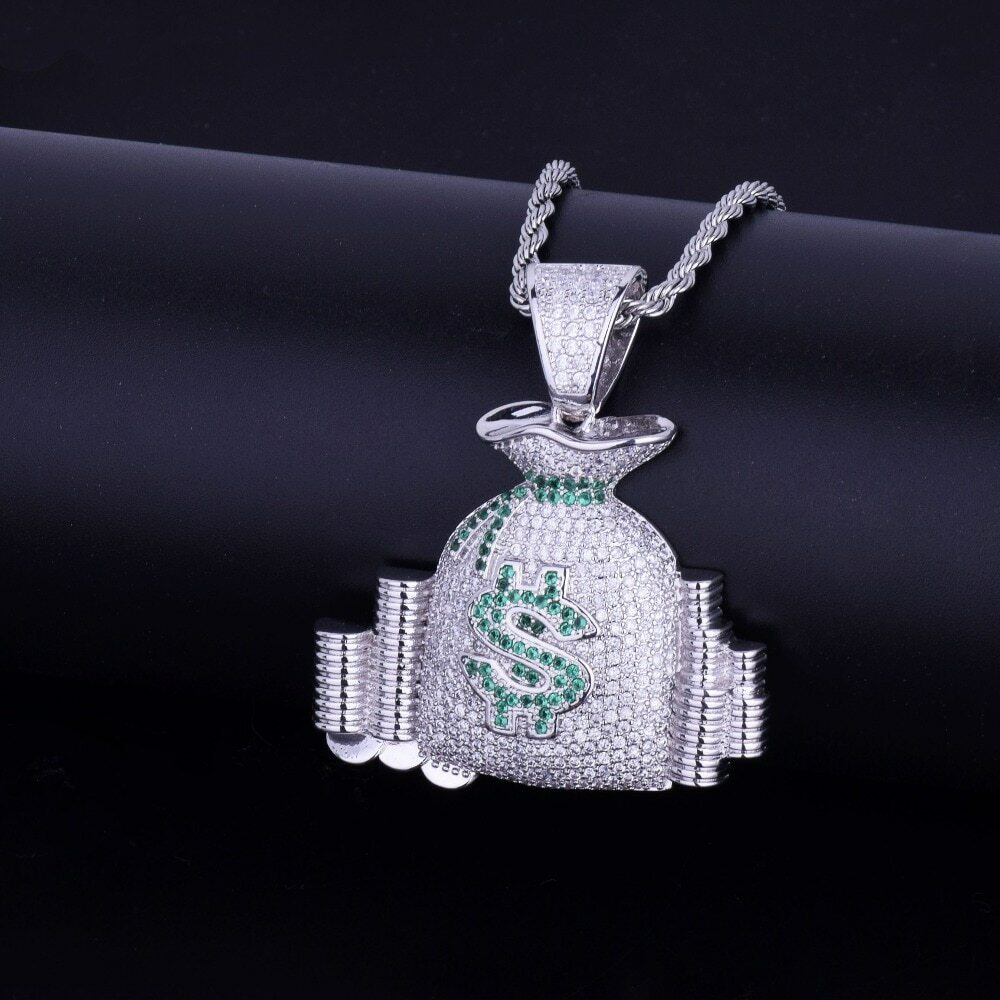 18k Gold Silver Money Bag Stack Cash Coins AAA True Micro Pave Hip Hop Chain Pendant
