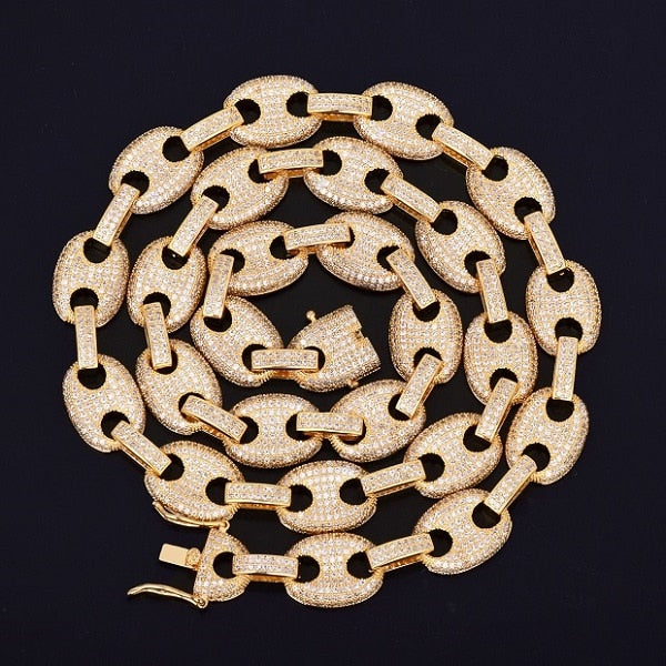 Mens Fooded Ice 12MM 18k Gold Silver Marine G Link Hip Hop Chain Necklace