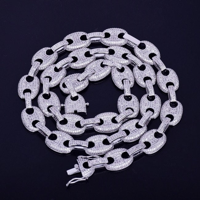 Mens Fooded Ice 12MM 18k Gold Silver Marine G Link Hip Hop Chain Necklace