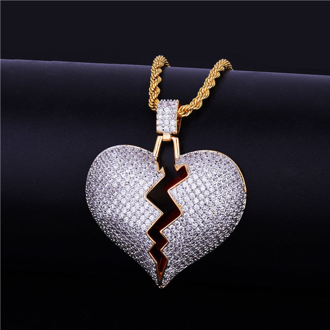 18k AAA True Micro Pave Gold .925 Silver Heart Breaker Flooded Ice Chain Pendant