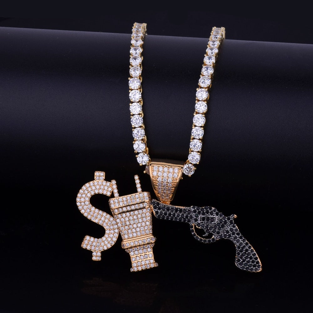18k Gold Money Power Respect AAA True Micro Pave Stone Hip Hop Pendant Chain Necklace