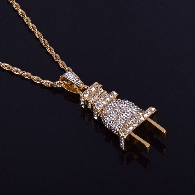.925 Silver 18k Gold Men's AAA True Micro Pave Flooded Ice Power Plug Hip Hop Pendant Necklace