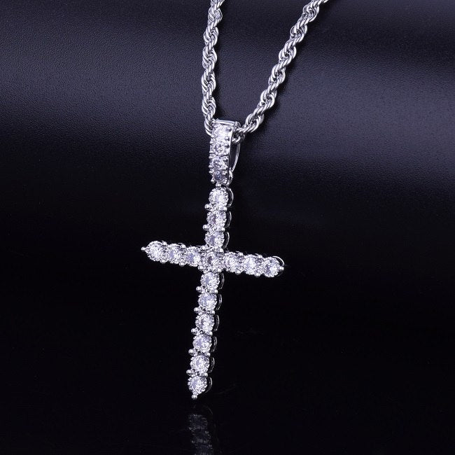18k Gold .925 Silver Bling AAA Micro Pave Classic Ancient Cross Pendant Chain Necklace