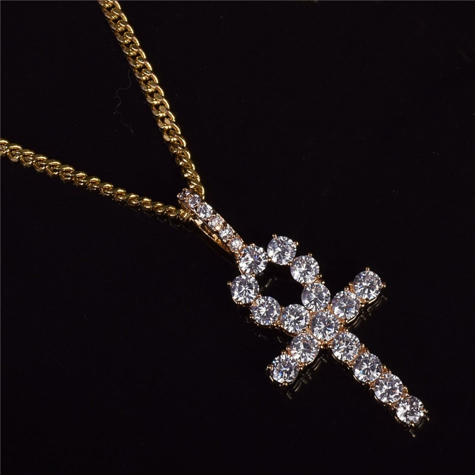 Flooded Ice Key Of Life 22k Gold Silver Rose Gold African Egyptian Ankh Cross Pendant Chain Necklace