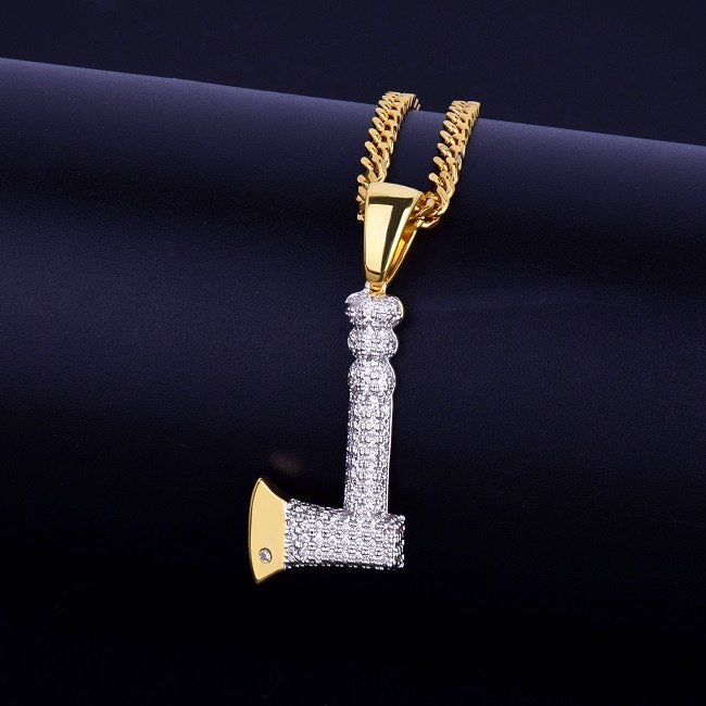 Flooded Ice AAA True Micro Pave 18k Gold Throwing Axe Hip Hop Pendant Chain Neckalce