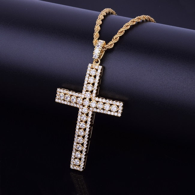 Mens 18k Gold .925 Silver Ultra Ice Silver Hip Hop AAA Micro Pave Cross Pendant Chain Necklace