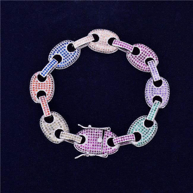 Colorful G-Link |  24k Micro Pave Flooded Ice 12MM Mixed Color Hip Hop Bracelet