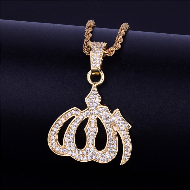 18k Gold .925 Silver Allah God AAA True Micro Pave Hip Hop Pendant Chain Necklace