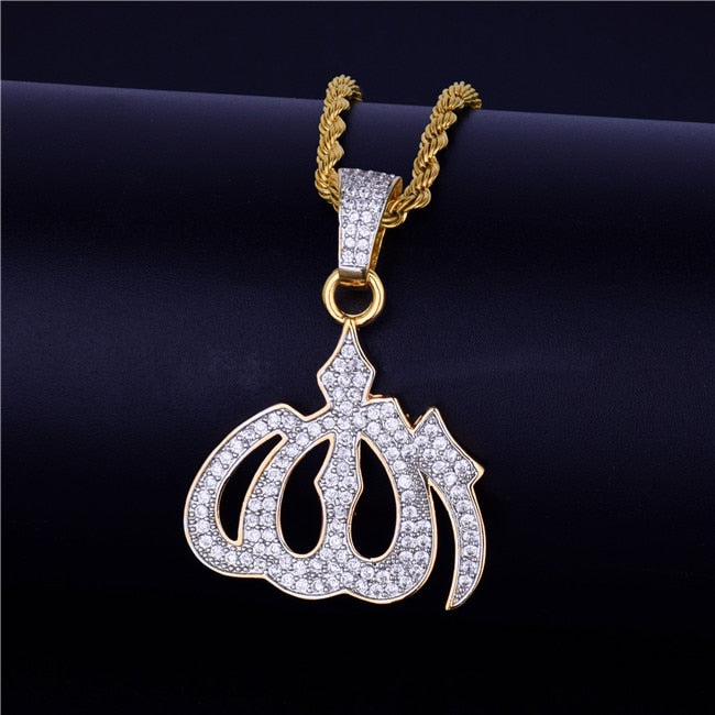 18k Gold .925 Silver Allah God AAA True Micro Pave Hip Hop Pendant Chain Necklace