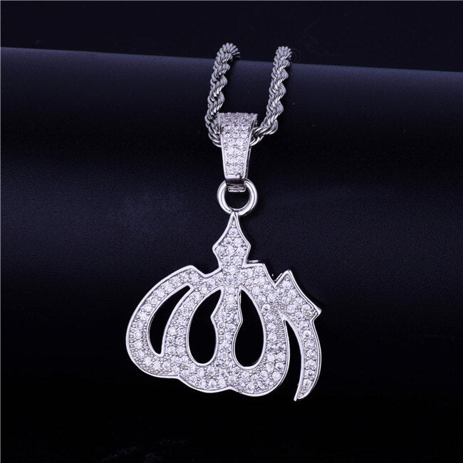 18k Gold .925 Silver Allah God AAA True Micro Pave Hip Hop Pendant Chain Necklace