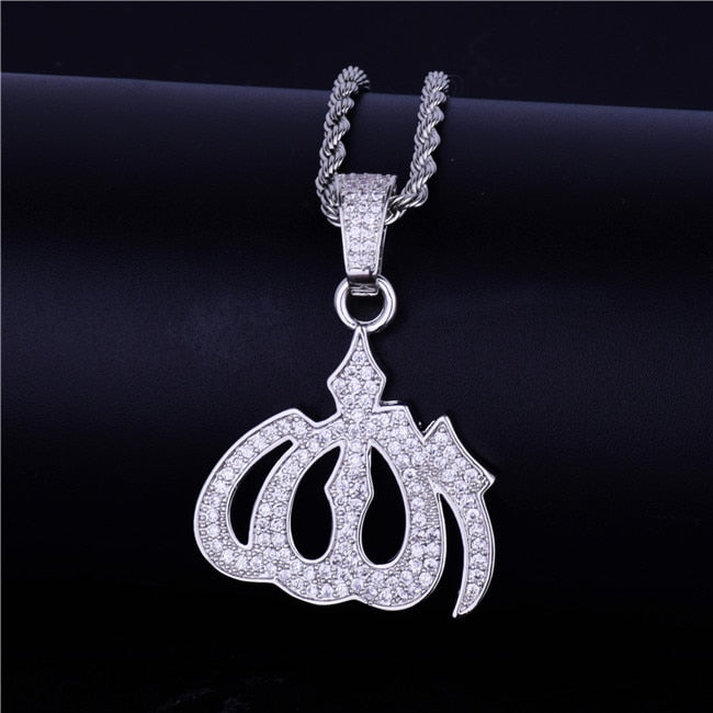 18k Gold .925 Silver Allah God AAA True Micro Pave Hip Hop Pendant Chain Necklace
