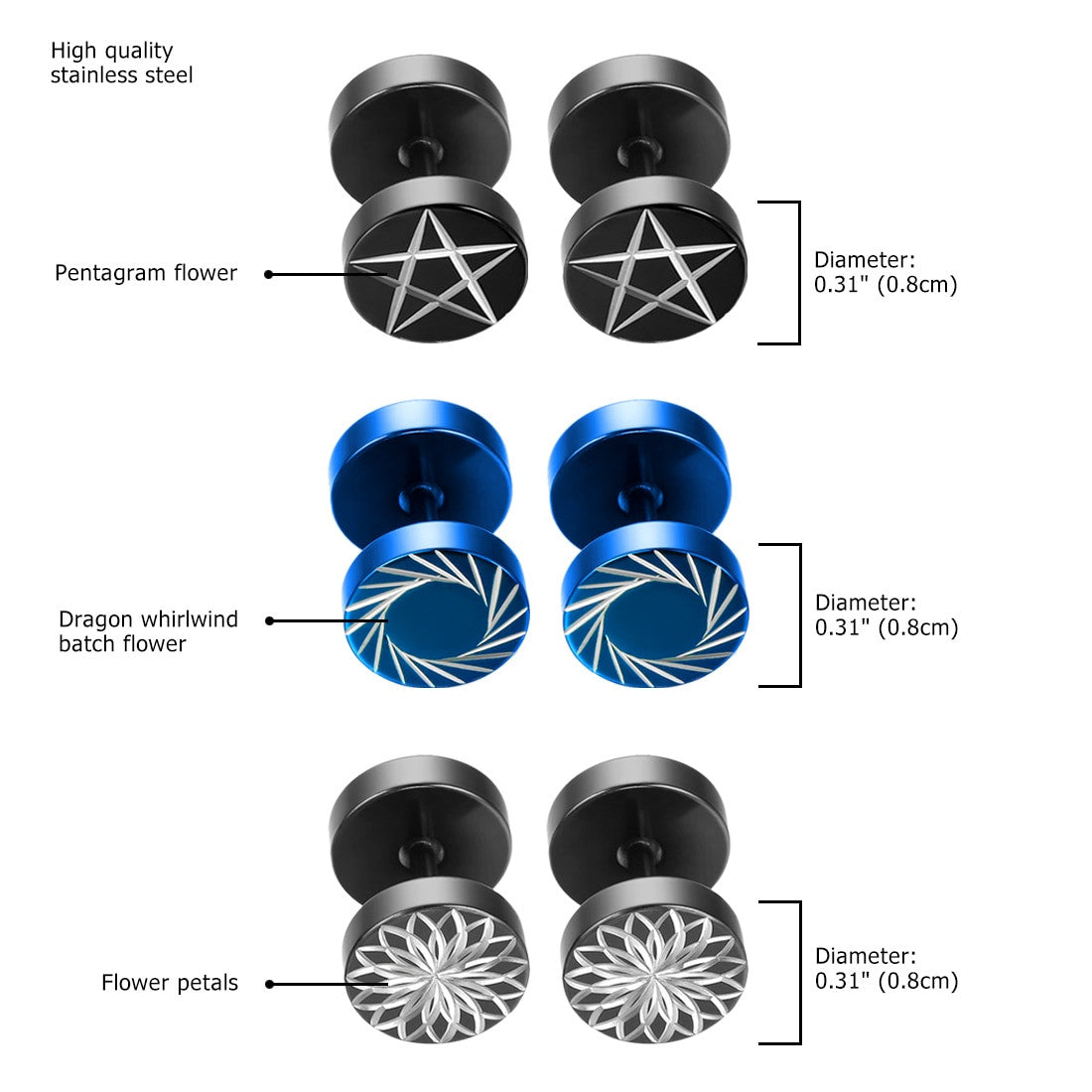 Mens Barbell Dumbbell Cyclone Design Silver Black Blue Stainless Steel Earrings