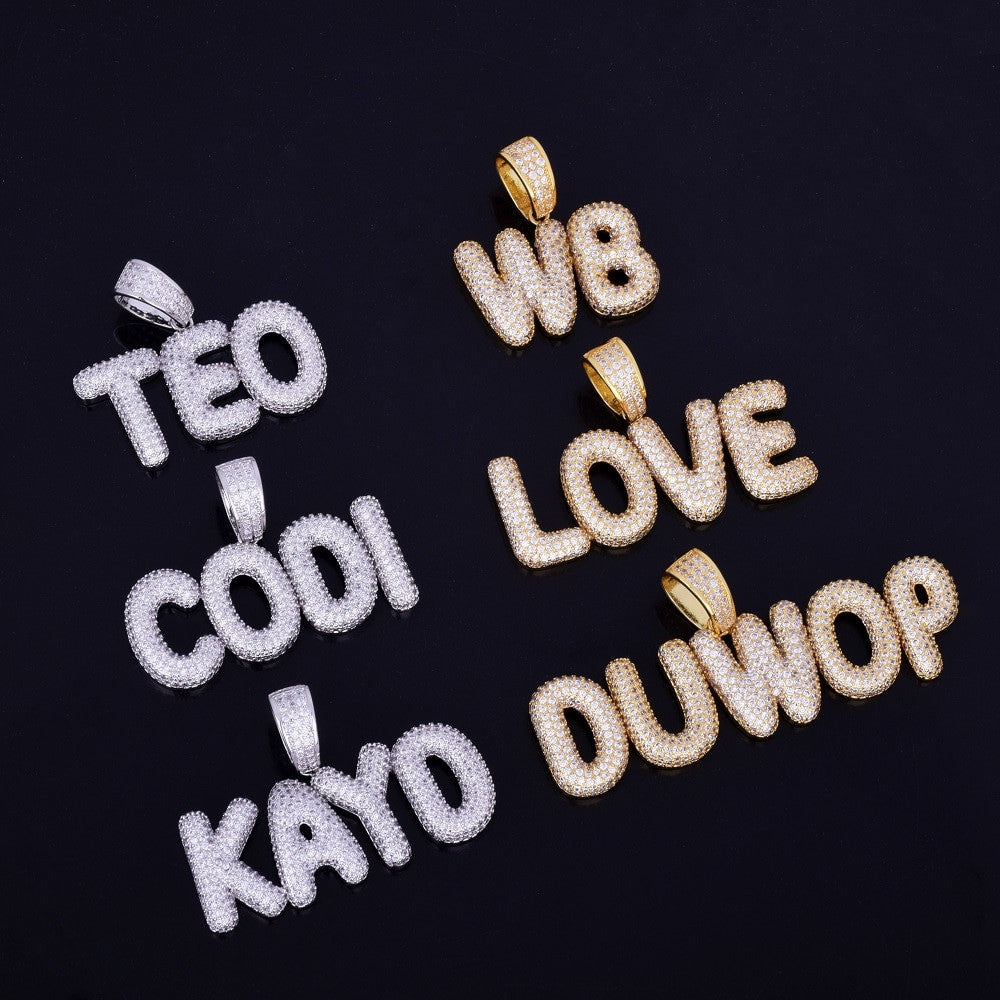 AAA Micro Pave Custom Name Small Bubble Letters Flooded Ice Pendants