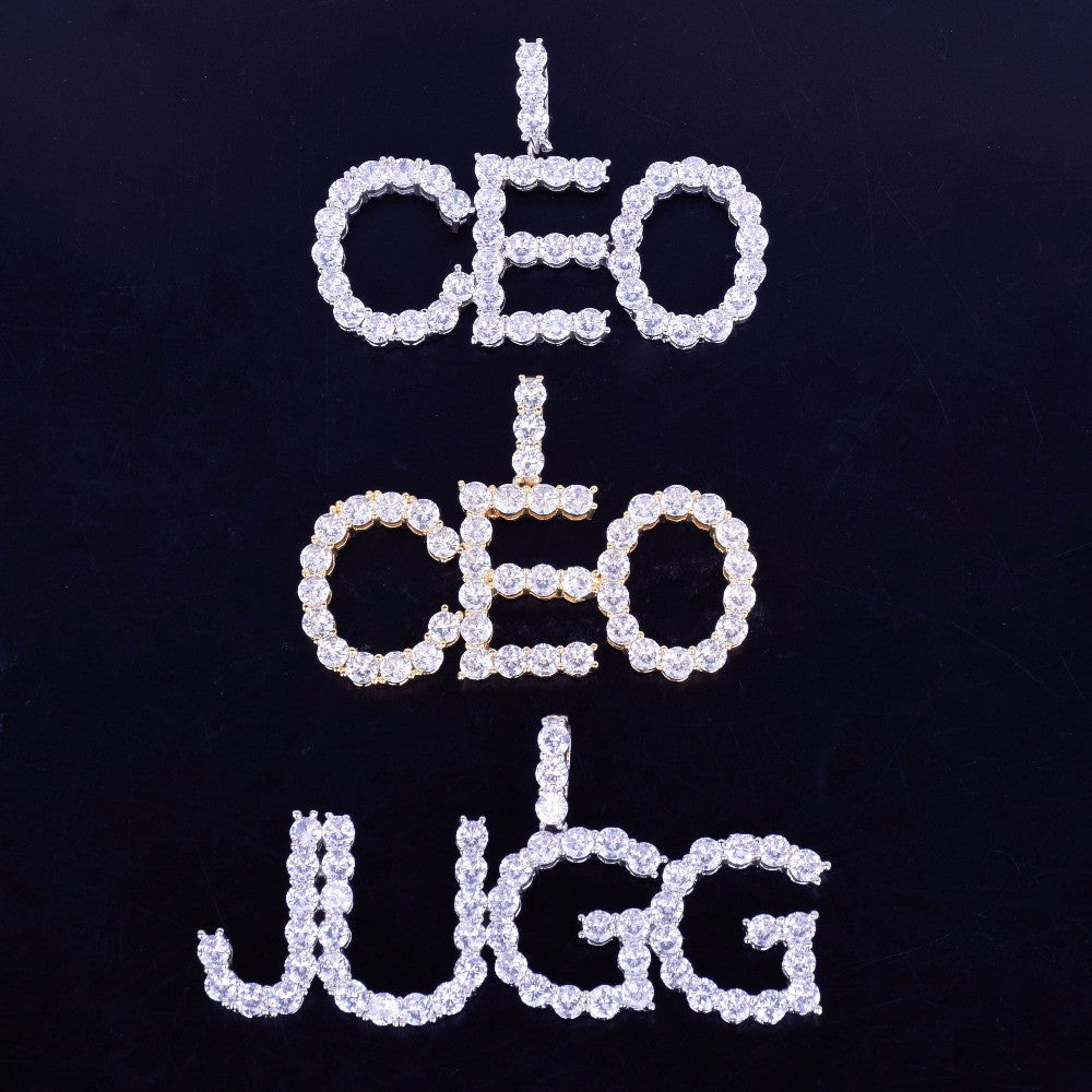 AAA Tennis Letter Cluster Stone Custom Name 18k Gold Silver Pendant Chain Necklace