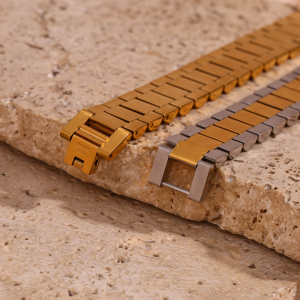 18k Gold Stainless Steel Exaggerated Hip Hop 15mm Watchband Bracelet