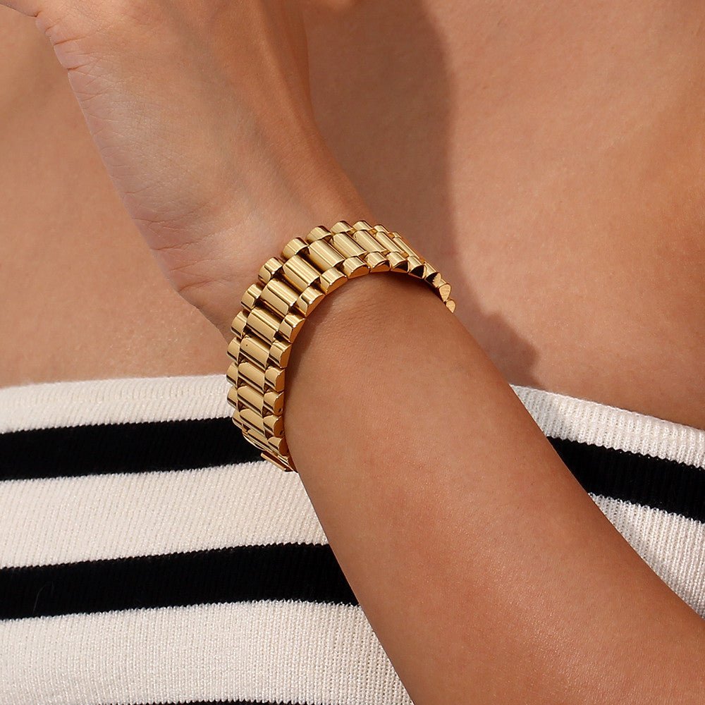 18k Gold Stainless Steel Exaggerated Hip Hop 15mm Watchband Bracelet
