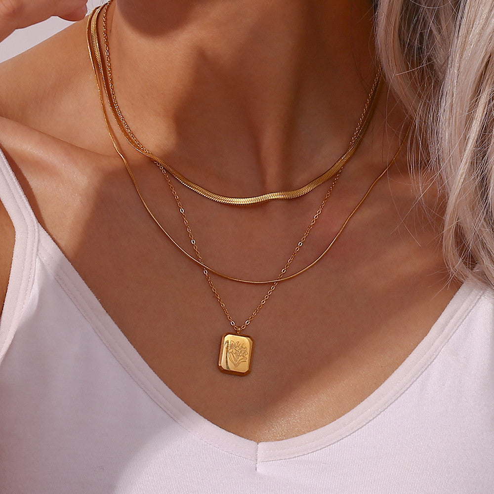 18k Gold Waterproof Stainless Steel Square Flower Birthstone Necklaces