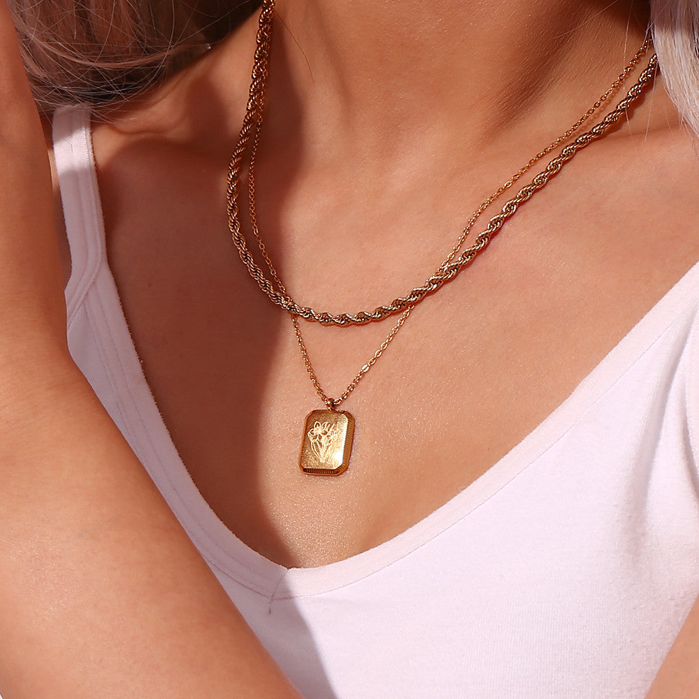 18k Gold Waterproof Stainless Steel Square Flower Birthstone Necklaces