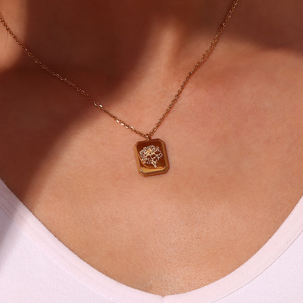 18k Gold Waterproof Stainless Steel Square Flower Birthstone Necklaces