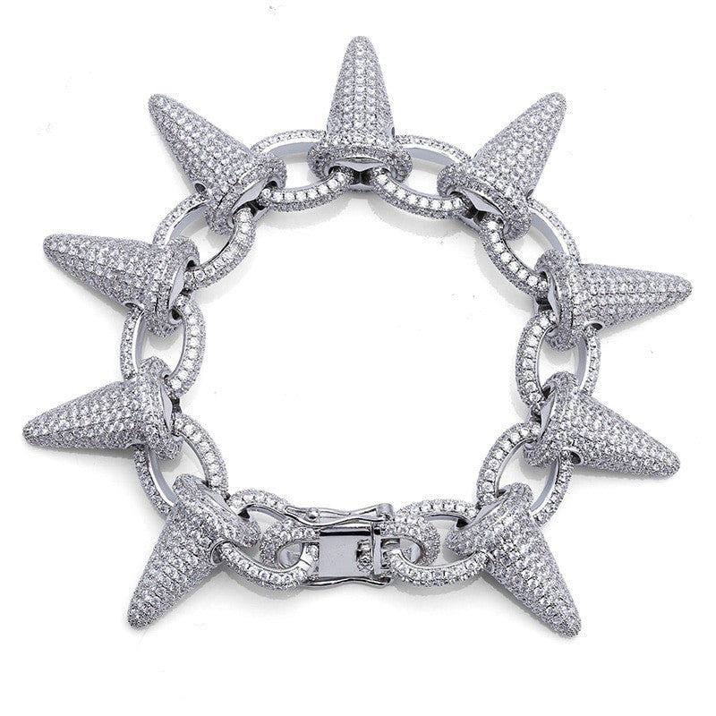 Mens AAA Flooded Ice Micro Pave Stone 24k Gold Silver Rivet Spike Bracelet
