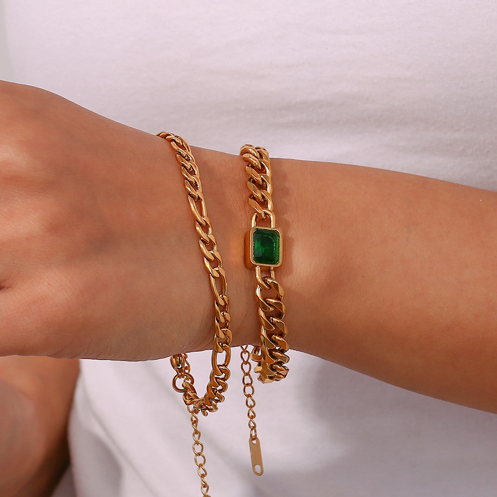 18k Gold Square Cubic Zirconia Black White Green Red Stone Hip Hop Cuban Chain Bracelet