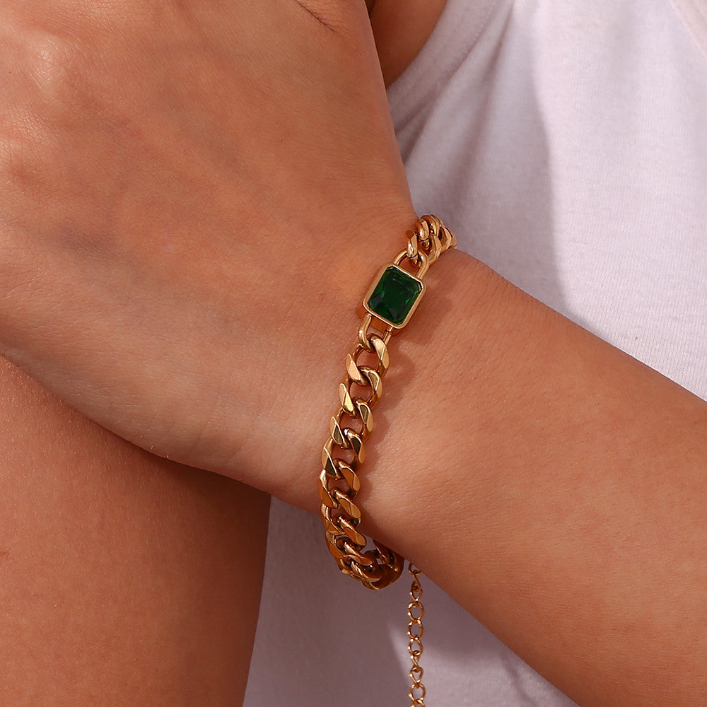 18k Gold Square Cubic Zirconia Black White Green Red Stone Hip Hop Cuban Chain Bracelet