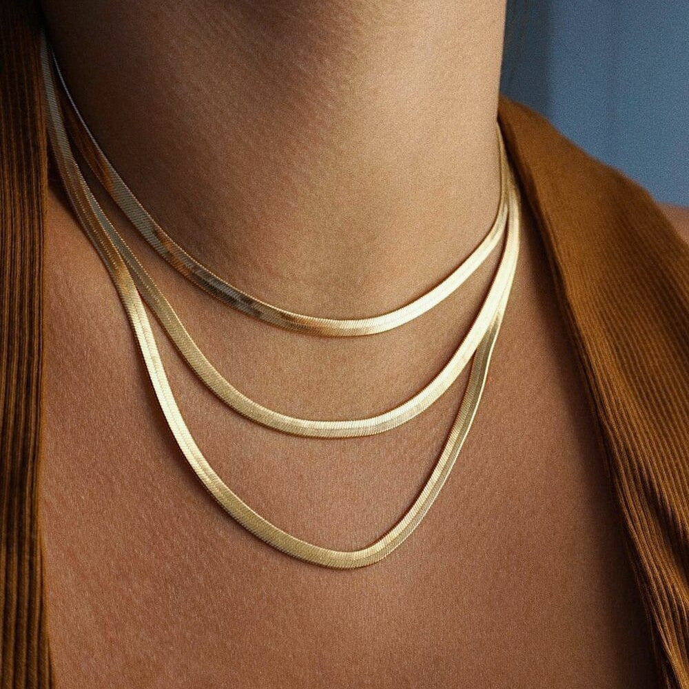 Waterproof Tarnish Free 18k Gold Stainless Steel Herringbone Chain Necklace Bracelet Set