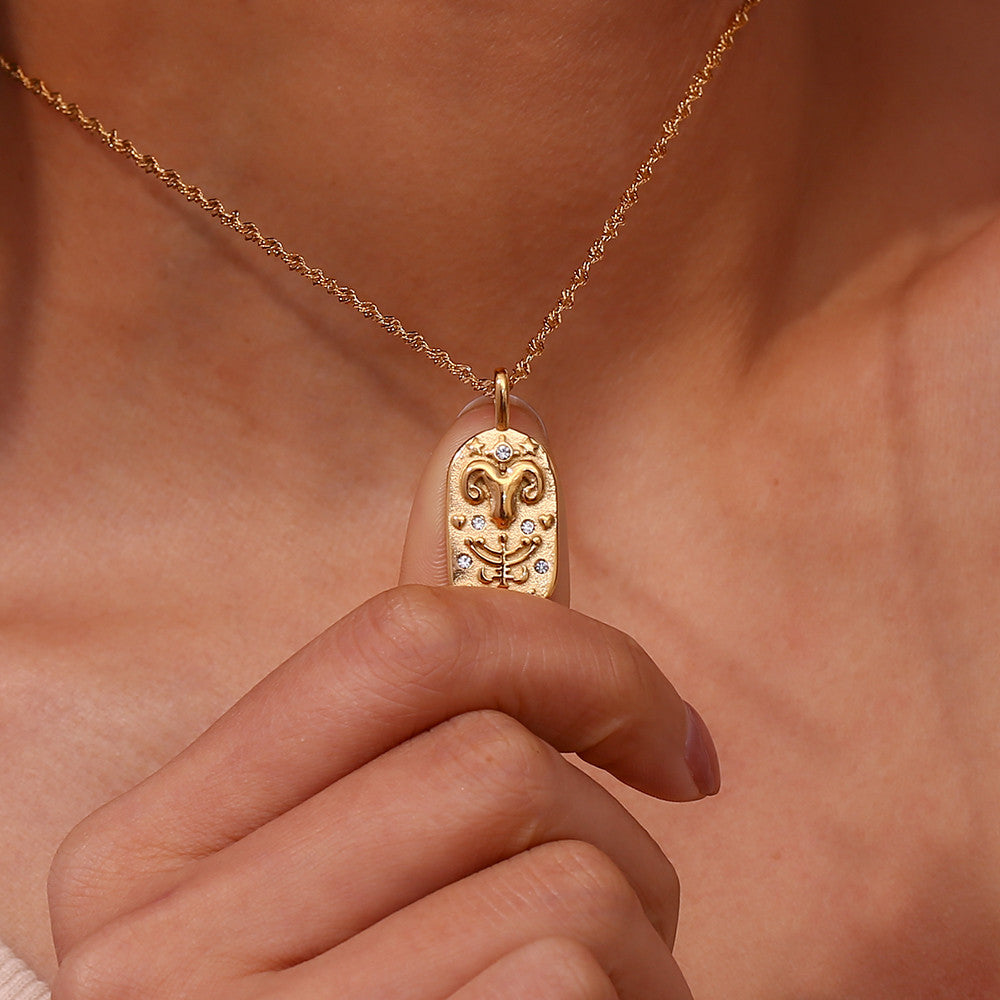 Ladies 18k Gold Waterproof Stainless Steel CZ Zodiac Sign Bling Pendant