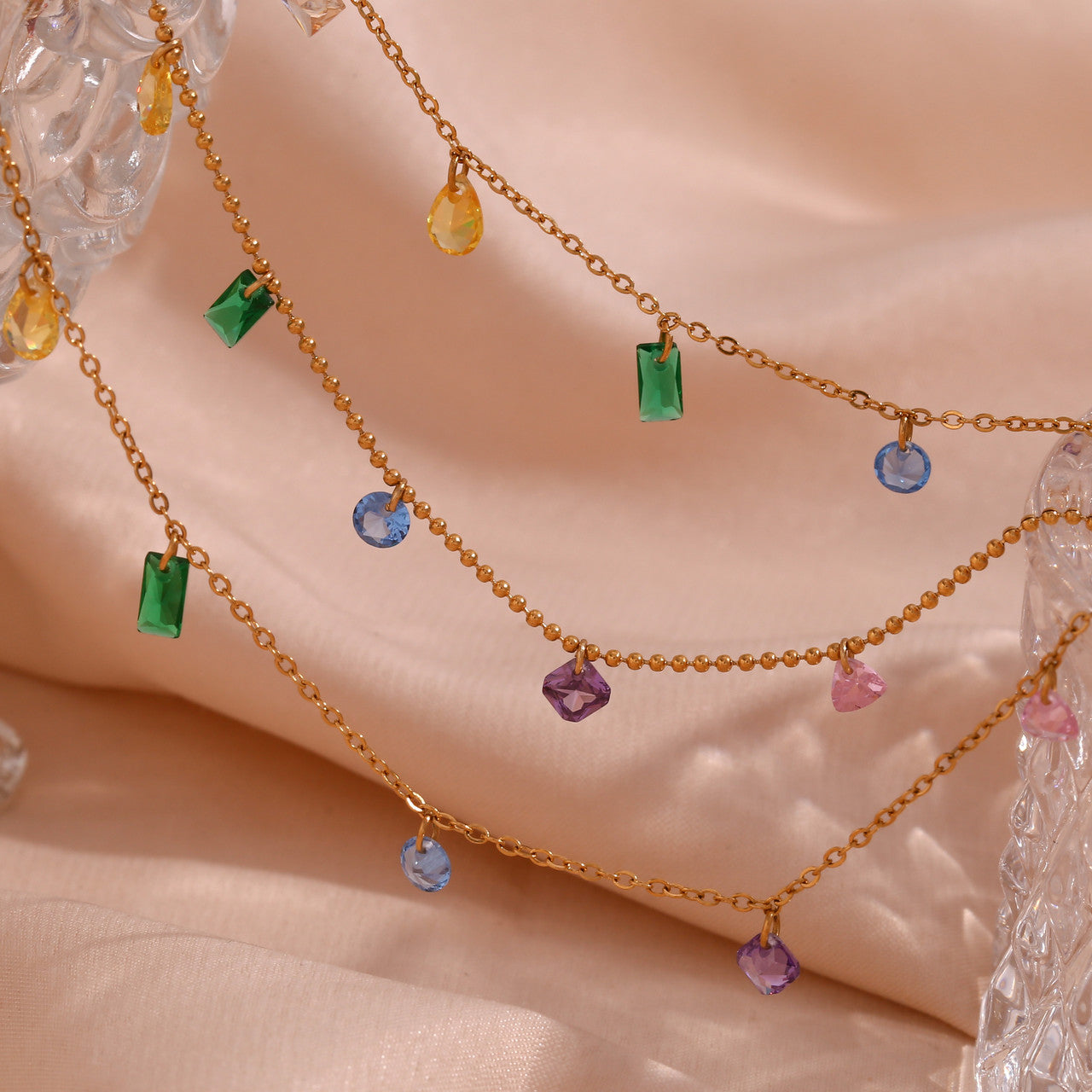 18k Gold Stainless Steel Waterproof Cubic Zirconia Stone Necklace Bracelet Anklet Jewelry Set