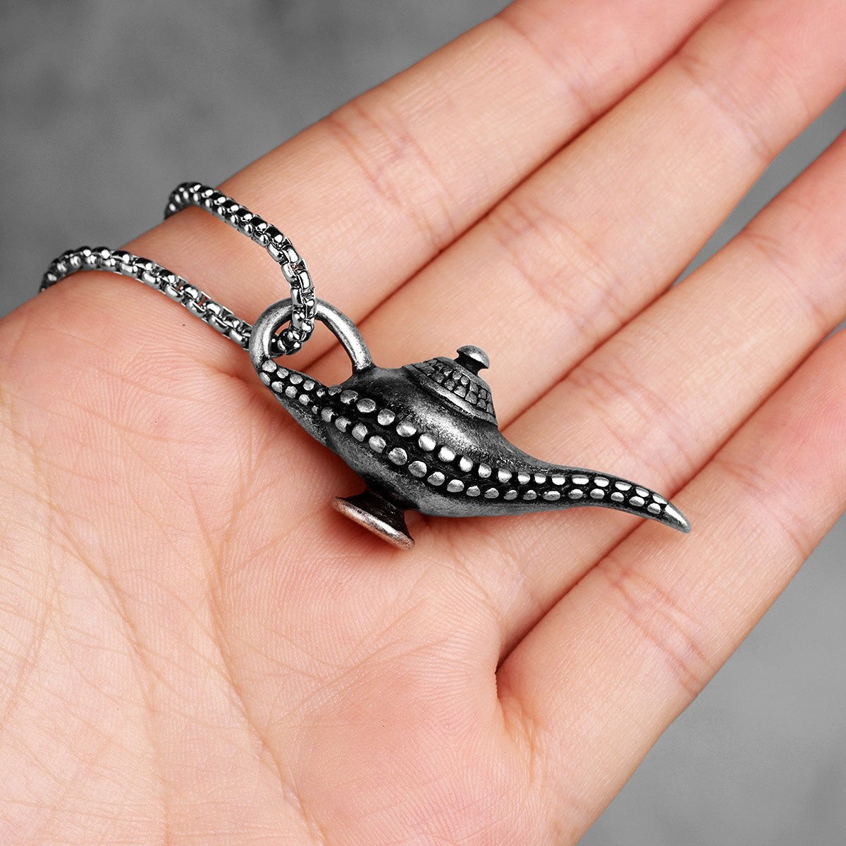 Mens Lucky Charm No Fade Stainless Steel Aladdin's Magic Lamp Pendant Necklace