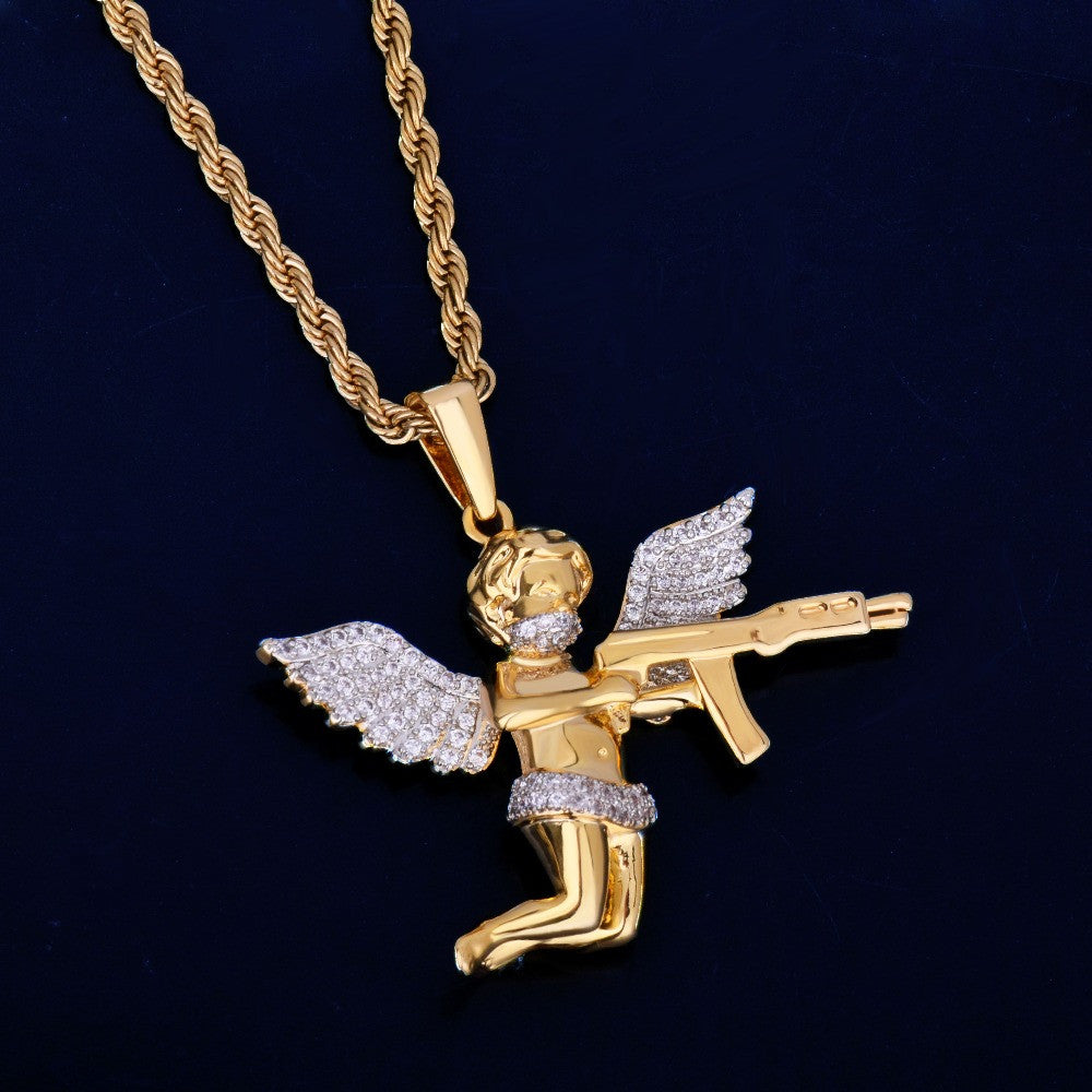 Mens 18k Gold Chopper Ak47 Guardian Angel Cherub Hip Hop Pendant Chain Necklace