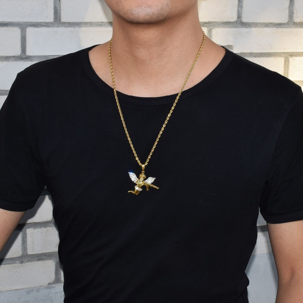 Mens 18k Gold Chopper Ak47 Guardian Angel Cherub Hip Hop Pendant Chain Necklace