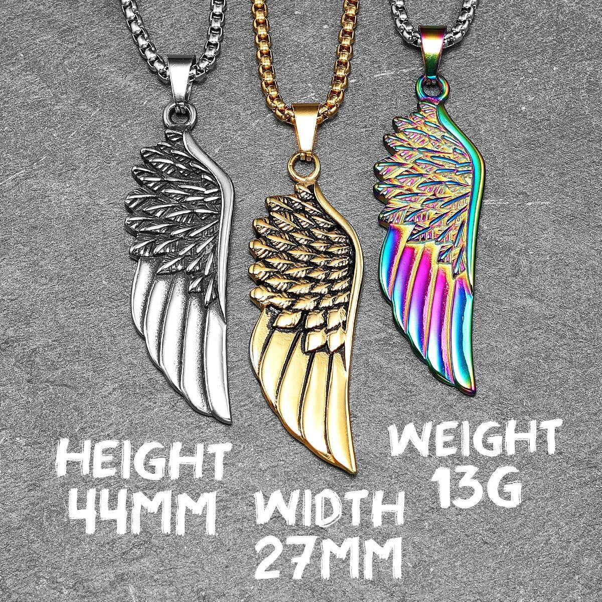 Mens Solid Stainless Steel Large Angel Wing No Fade Hip Hop Street Wear Pendant Necklace