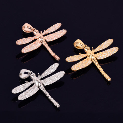 Dragonfly Mosquito Hawk 18k Gold .925 Hip Hop Micro Pave Stone Bling Pendant Chain Necklace
