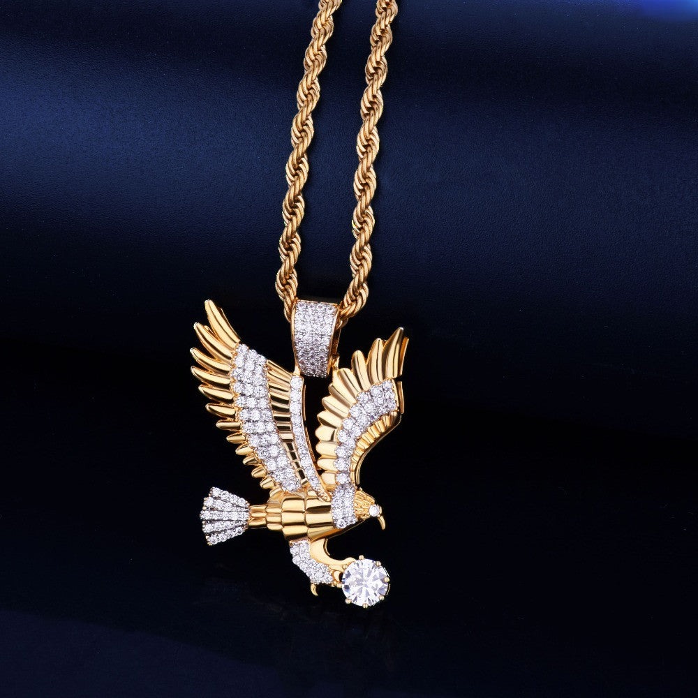 18k Gold AAA True Micro Pave Soaring Eagle Bling Pendant Chain Necklace