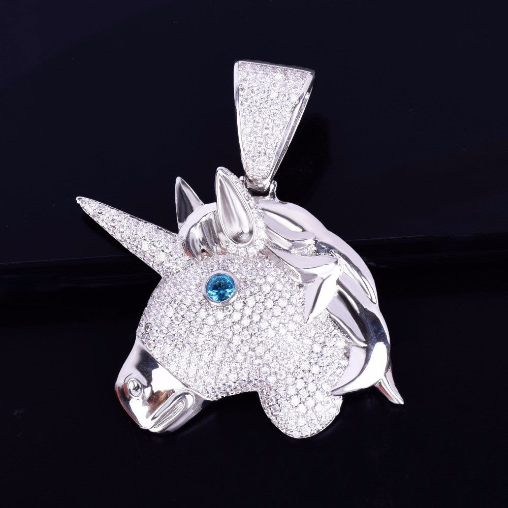 AAA True Micro Pave Flooded Ice Unicorn Horse Head 18k Gold .925 Silver Pendant Chain Necklace