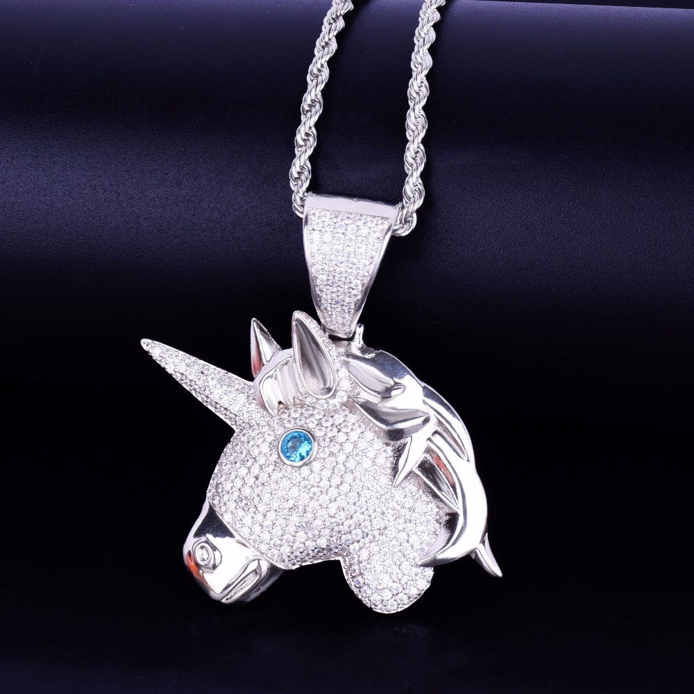 AAA True Micro Pave Flooded Ice Unicorn Horse Head 18k Gold .925 Silver Pendant Chain Necklace