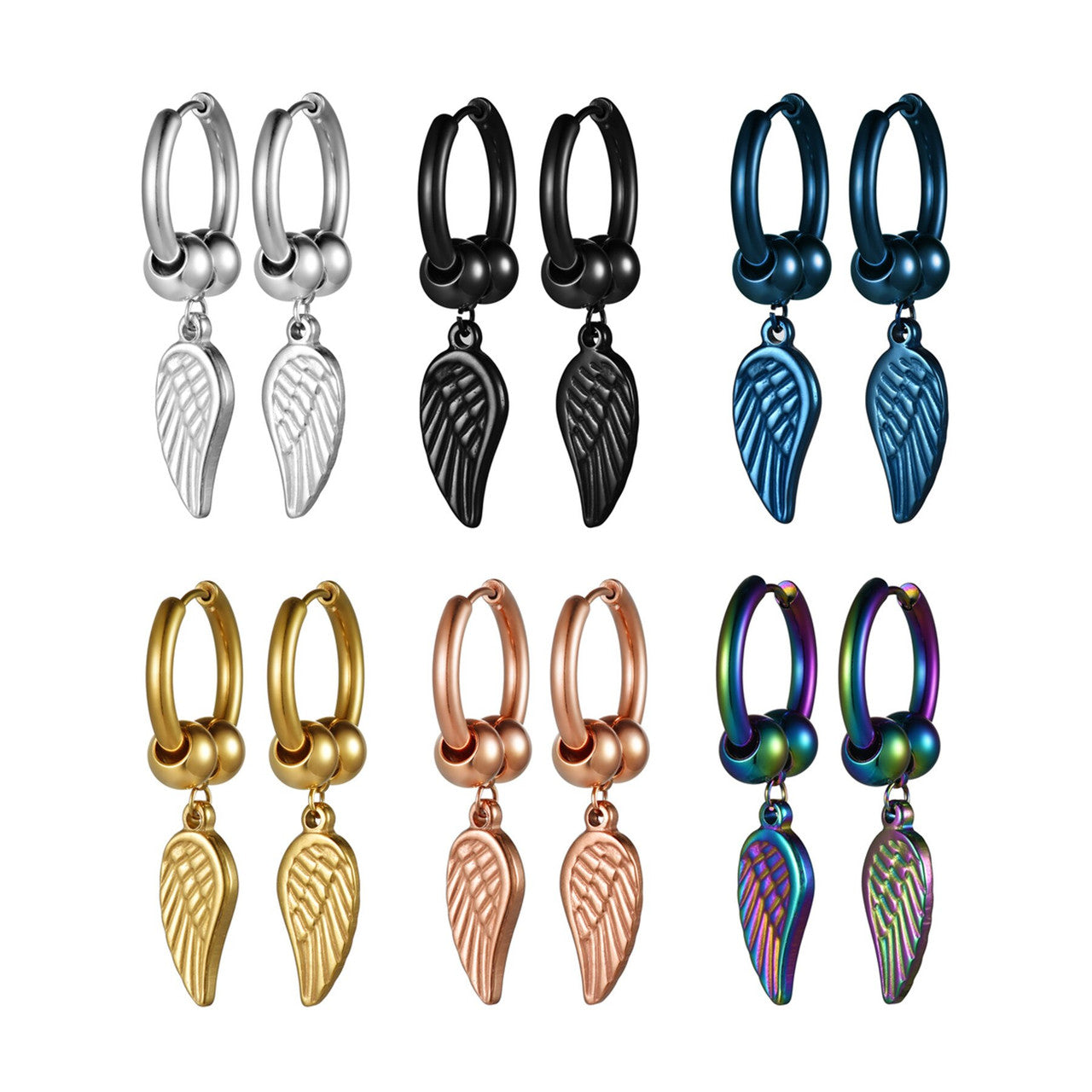 14k Rose Gold Rainbow Color Angel Wings Huggie Style Hoop Stainless Steel High Fashion Earrings