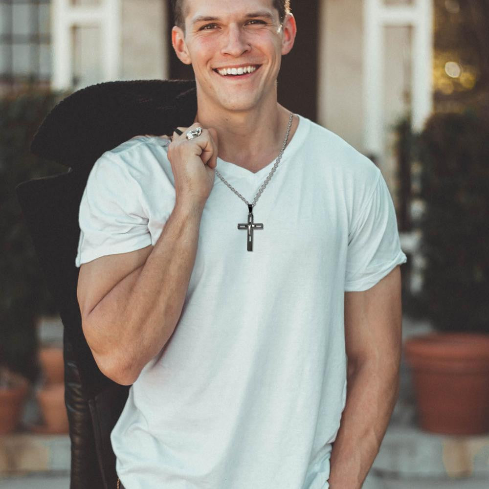 Retro Stainless Steel Gold Black Blue Silver Christian Cross Pendant Chain Necklace