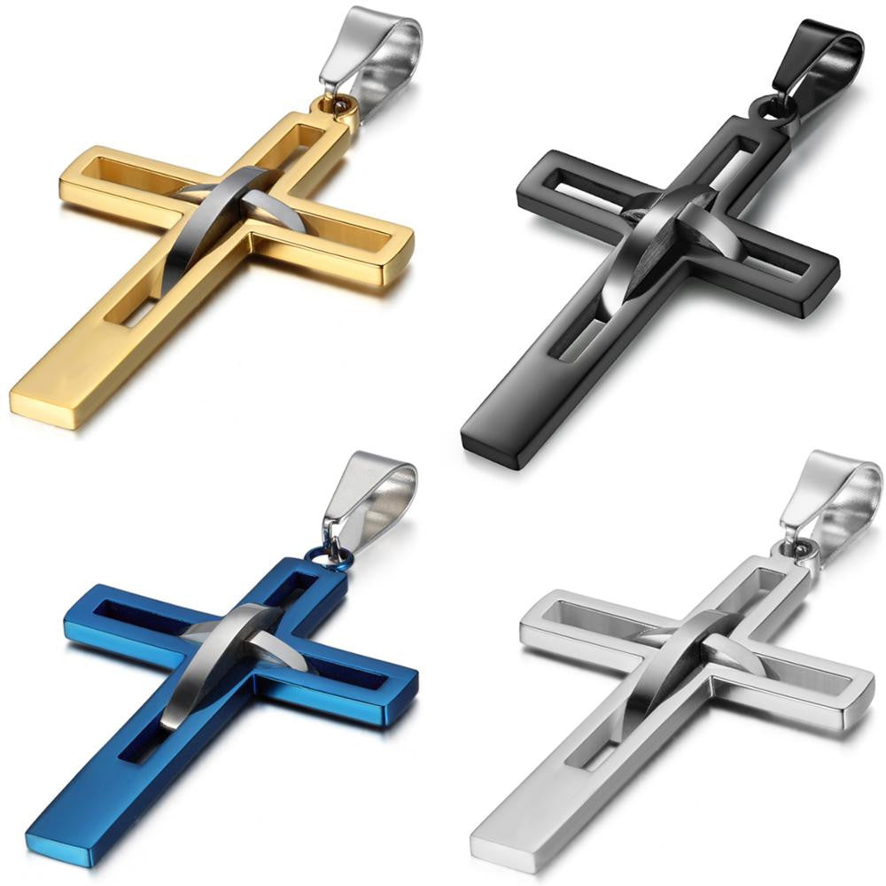 Retro Stainless Steel Gold Black Blue Silver Christian Cross Pendant Chain Necklace