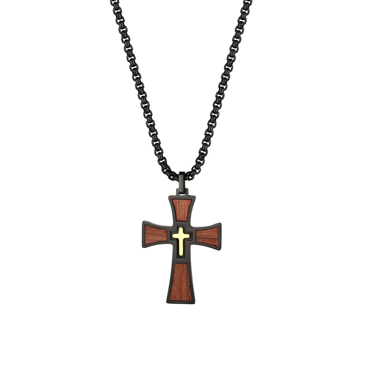 Mens Wooden Stainless Steel Double Cross Crucifix Black silver Gold Pendant Chain Necklace