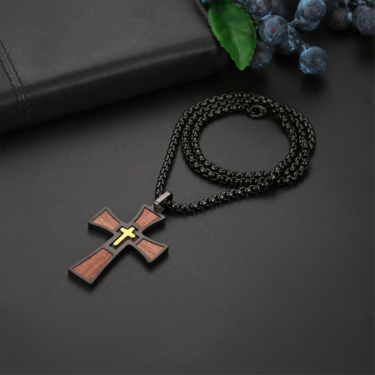 Mens Wooden Stainless Steel Double Cross Crucifix Black silver Gold Pendant Chain Necklace