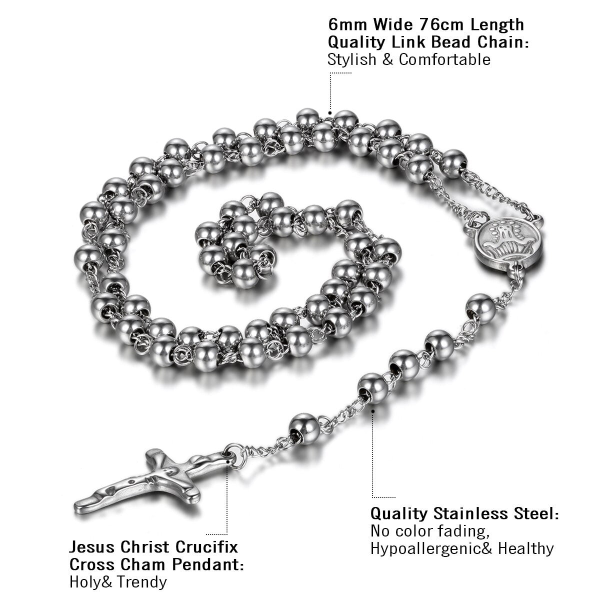 Vintage Look Classic Style Stainless Steel No Fade Rosary Beads Jesus Christ Crucifix Cross Pendant