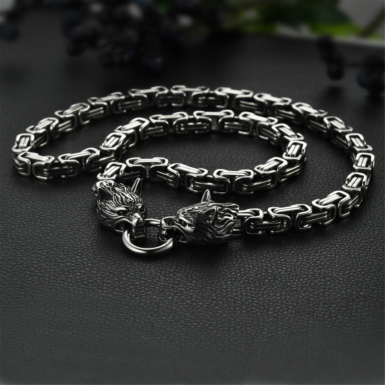 Mens Double Wolf Head Byzanite Born To Dominate Stainless Steel Chain Necklace