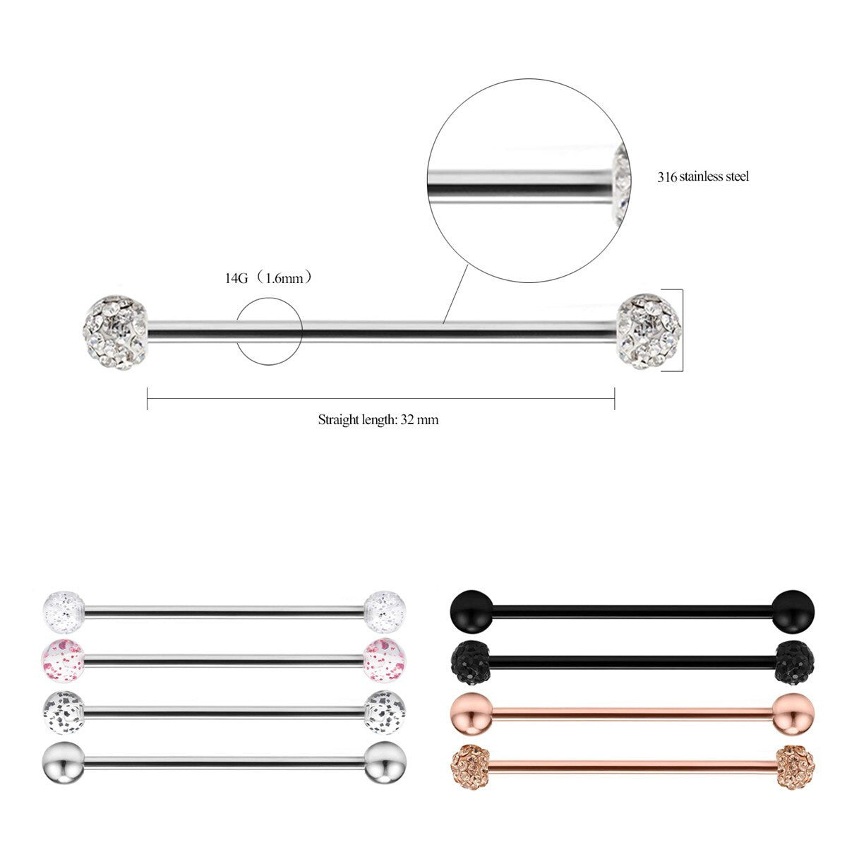 9 Piece Stainless Steel Orelha Long Barbell Ear Cartilage Belly Button Body Piercing Earrings